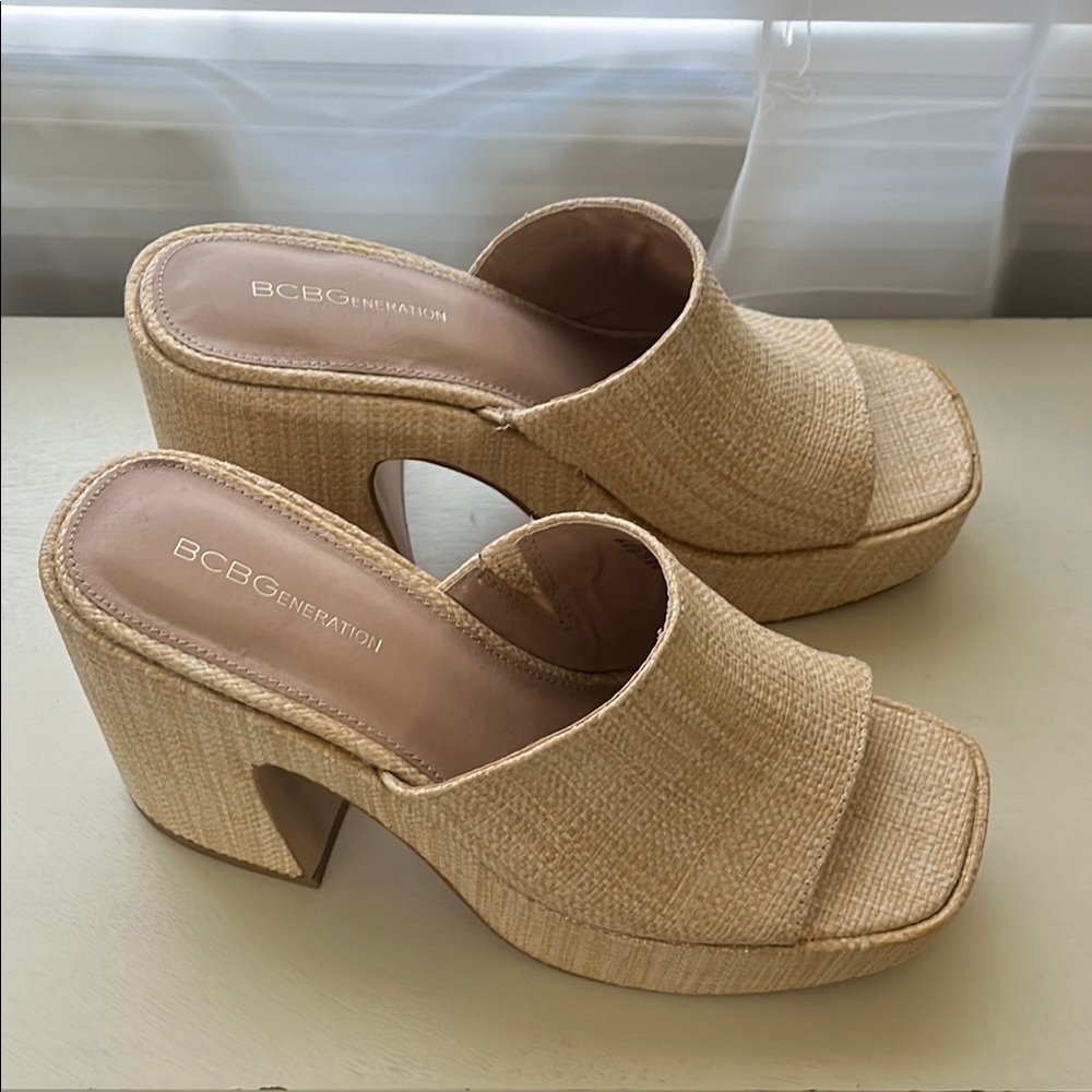 Beige Platform Heeled Mules - Picture 3 of 6
